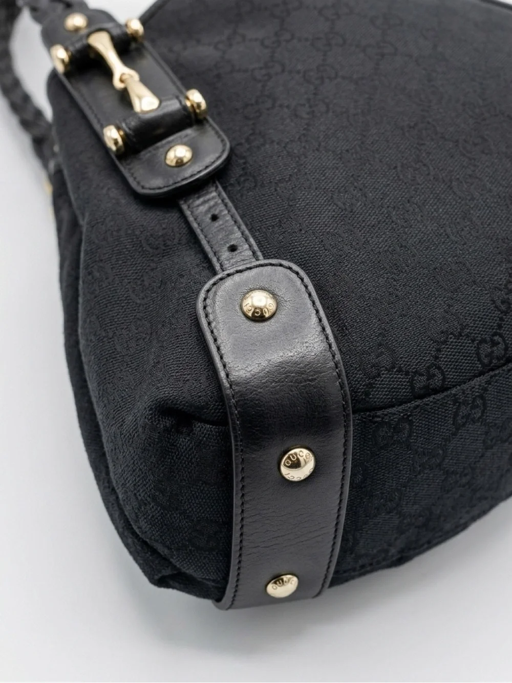Authentic Gucci Black Braided-Handle Shoulder Hobo with Gold-Tone Hardware